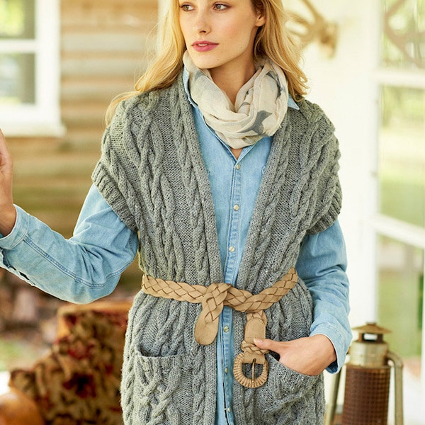 Veste longue en laine mérinos bio Aran en gris mélangé, duvet de yak, tricoté à la main, autres couleurs, cardigan sans manches, tweed naturel, tweed marron clair