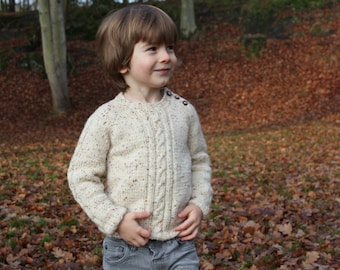 Aran Sweater in Natural Tweed, Merino Wool & Mohair, Hand Knitted, Baby, Toddler, and Kids, Cabled Pullover, Birthday or Christmas Gift