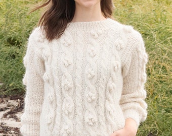 Cables and Bobbles Sweater in Natural Alpaca and Merino Wool, Hand Knitted, More Colors, Popcorn, Aran, Self-Care Sweater, Women's Pullover