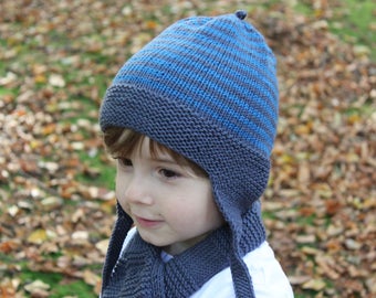 Hand Knitted Pure Merino Wool Striped Baby, Toddler & Kids Winter Earflap Hat in Dark Gray and Blue, More Color Combinations, Christmas Gift