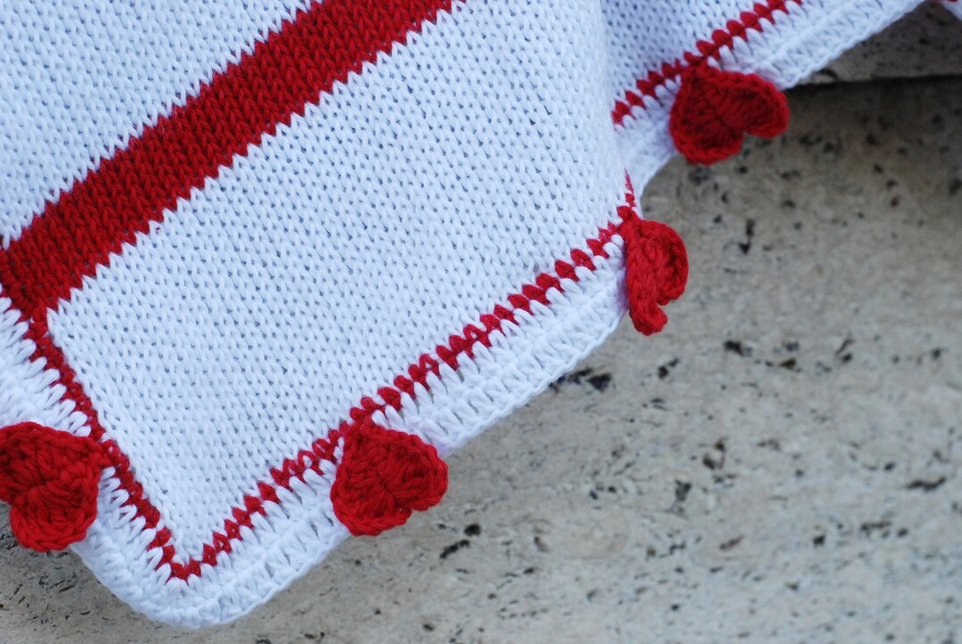 Handmade Large Baby Blanket in White and Red Pure Cotton With Small Hearts, Hand Crocheted