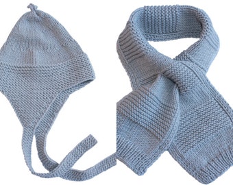 Set: Hand Knitted Pure Merino Wool Earflap Hat & Scarf for Babies, Toddlers and Kids in Light Gray - More Colors