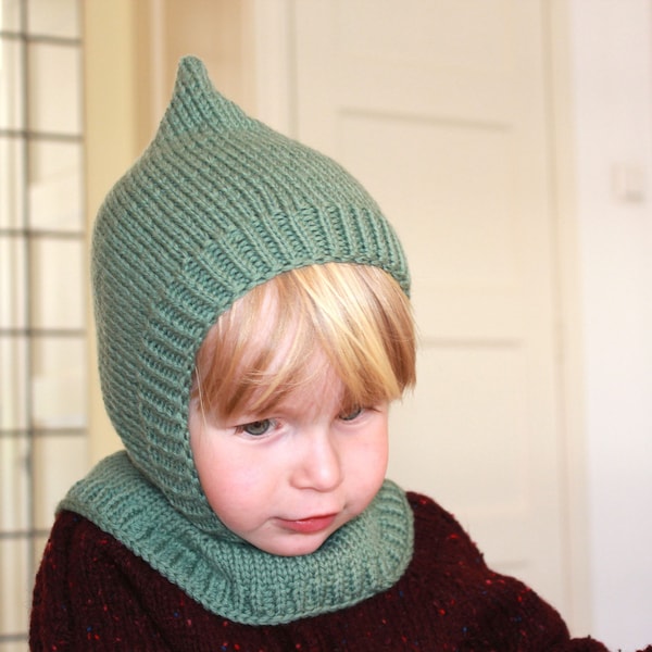 Baby, Toddler & Kids Elf Pixie Balaclava Hat in Old Green, Alpaca and Organic Merino Wool, Hand Knitted, More Colors, Christmas Gift, Gnome