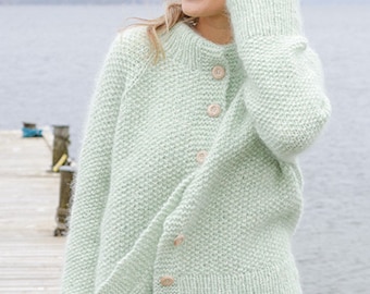 Cardigan or Sweater in Sage Green Alpaca and Natural Merino Wool, Hand Knitted, More Colors, Pullover, Women's Knitwear, Knits, Adult