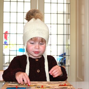 Hand Knitted Chunky Merino Wool Baby, Toddler, Kids & Adult Winter Earflap Hat with Real Fox Fur Pompom in Natural, More Colors, Trapper Hat image 2