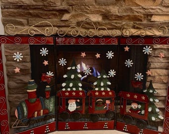 Christmas Fireplace Screen Tri-Fold Metal Whimsical Santa Train Vintage