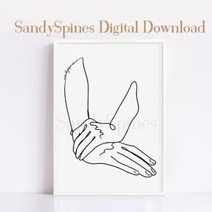 May include: A black and white line drawing of two hands intertwined, with the artist's signature "SandySpines" in the top left corner.
