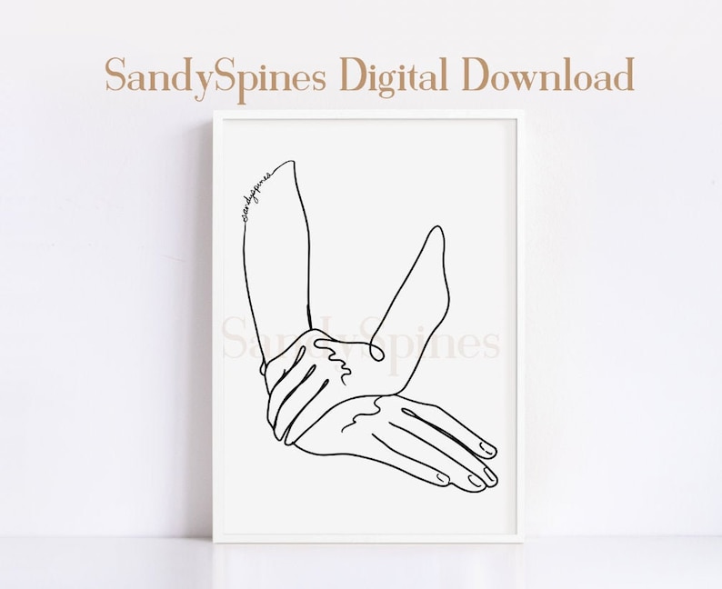 May include: A black and white line drawing of two hands intertwined, with the artist's signature "SandySpines" in the top left corner.