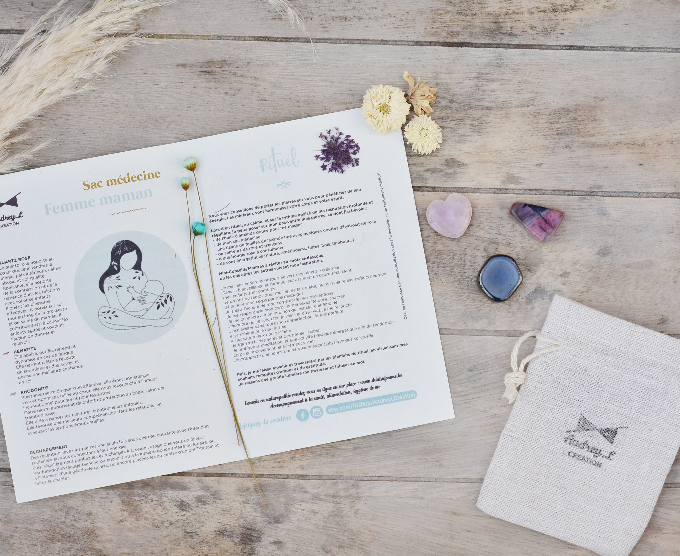 Sac Médecine { Femme Maman } Quartz Rose, Rhodonite Hématite