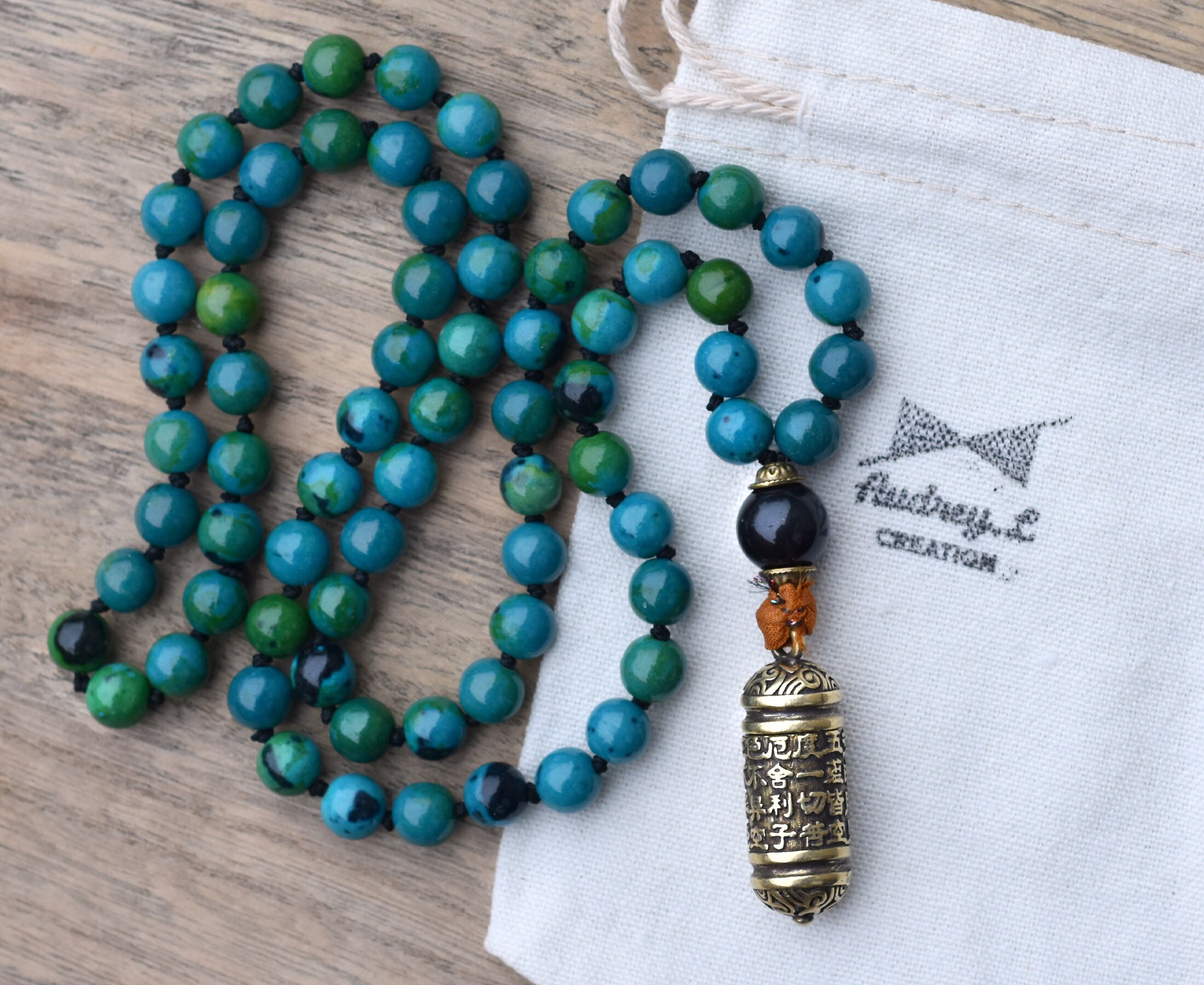 Mala { Shri Devi } Chrysocolle, Obsidienne