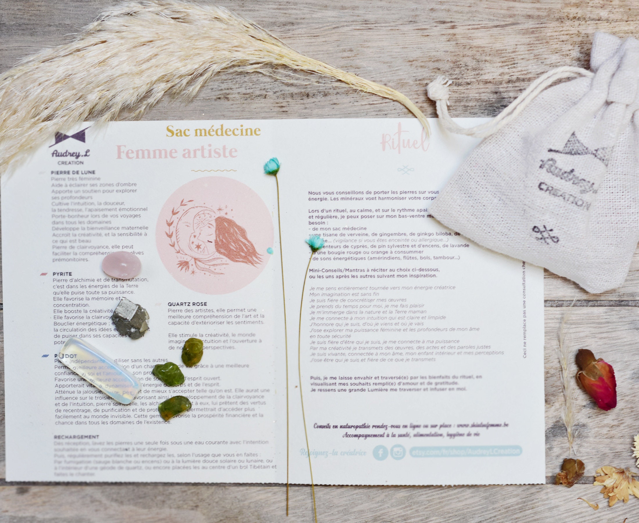 Sac Médecine { Femme Artiste } Pierre de Lune, Pyrite, Péridot, Quartz Rose