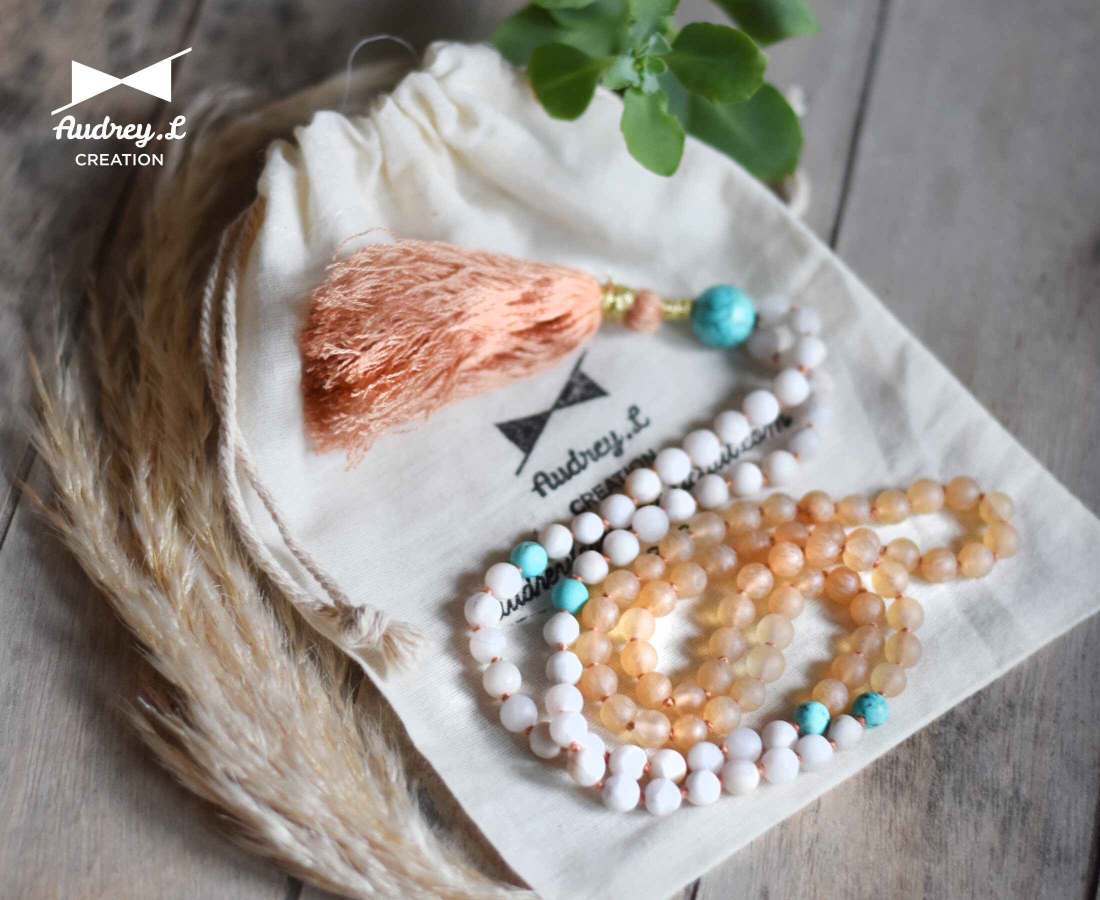 Mala { Discernement Solaire } Citrine, Jade Blanc