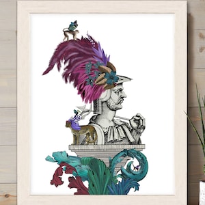 May include: A bust of a man wearing a pink and purple feathered headdress with a blue and green floral design. The bust is on a pedestal with ornate carvings in blue, green, and red.