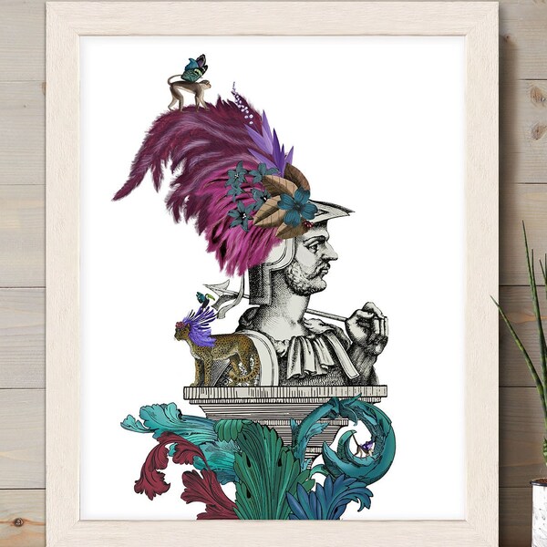 Garden statue print, Roman bust picture with leopard and monkey, Vintage style home decor for dining room or bathroom, Framed and made in Uk