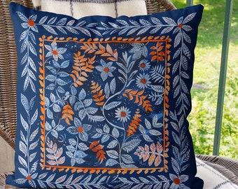 Blue white orange Scandic Woodland Pillow Cover, Print both sides handmade cushion cover, nordic botanical decor Scandinavian country home