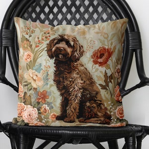 Brown Labradoodle Dog Pillow Cover - Handmade Cushion Cover, Print both sides - Cute Goldendoodle Vintage style romantic french floral decor