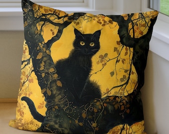 Black Cat pillow cover, Yellow handmade cotton/linen cushion cover, print on both sides, Cat in floral tree setting, fluffy black cat