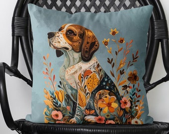 Modern Beagle Pillow Cover, Cute gift for dog lover, 18x18 or 24x24 inch, blue background floral style handmade cotton/linen cushion cover