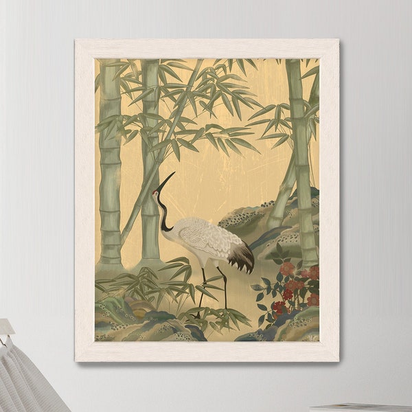 Chinoiserie Print - Crane Garden 4 -  Crane bird art, Oriental bird print, Chinese garden art, Asian home decor, Botanical wall art,