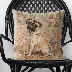 Fawn Pug Dog Pillow Cover - Print both sides - Cute Pug gift idea for owner, vintage style romantic french country home decor
