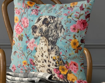 English Setter Dog Pillow Cover – Floral Meadow Design