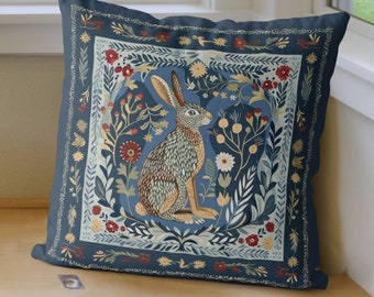 Cute Scandi Folk Art Style Hare Print Pillow Cover, Print both sides handmade cushion cover, nordic woodland animal, Scandinavian rabbit