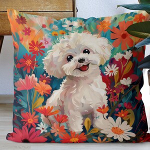 Bold and Colourful Modern Bichon Frise Pillow Cover, Cute gift for dog lover, 18x18 or 24x24 inch, handmade cotton/linen cushion cover