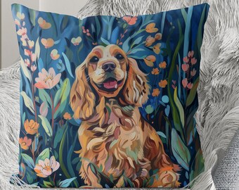Golden Cocker Spaniel Pillow Cover – Floral Dog Art, Handmade Cushion