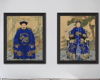 中国皇帝と皇后の版画、ヴィンテージ・シノワズリーの壁掛けアート（2