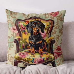 Dachshund Dog Pillow Cover - Handmade Cotton Linen Mix Cushion Cover with Cute Doxie Wiener dog