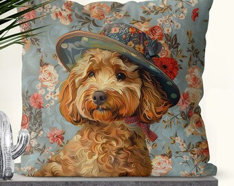 Goldener Cavapoo Kissenbezug, Bunter Fabelhafter Hut, Geschenk für Hundeliebhaber, handgemachter Kissenbezug aus Baumwolle/Leinen