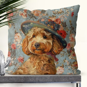 Gyllene Cavapoo örngott, färgglad fantastisk hatt, söt present till hundälskare, 18x18 eller 24 x 24 tum, handgjort kuddfodral i bomull/linne