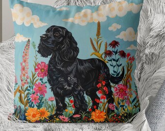 Black Cocker Spaniel Dog Pillow Cover - Floral Cotton Linen Cushion
