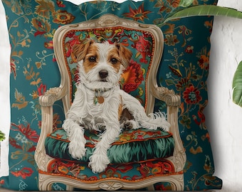 Modern Jack Russell Dog Pillow Cover - Bold Colourful Handmade Cotton Linen Mix Cushion Cover - Cute Terrier on a fabulous chair