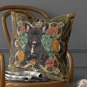 Black French Bulldog Pillow Cover - Handmade Cotton Linen Mix Cushion Cover with Cute Frenchie Dog William Morris style