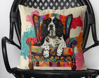 Black and White Springer Spaniel Pillow Cover - Handmade Cotton Linen Mix Cushion Cover - Print both sides, Cute Springer Spaniel Dog in hat