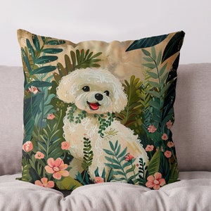 Modern Colourful Bichon Frise Pillow Cover, Cute gift for dog lover, 18x18 or 24x24 inch, handmade cotton/linen cushion cover