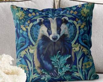 Blue and Green Badger Pillow Cover, William Morris inspired 18x18 or 24x24 inch, handmade cotton/linen cushion cover, woodland accent throw