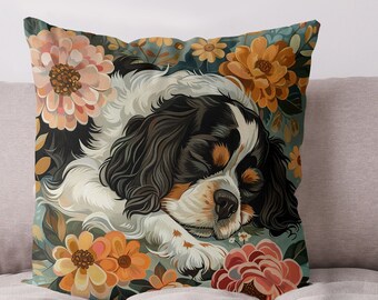 Black and White Cavalier King Charles Spaniel Dog Pillow Cover - Handmade Cotton Linen Mix Cushion Cover - Print both sides