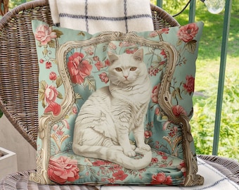 May include: A white cat with green eyes sits on a floral patterned chair. The chair is surrounded by pink and red flowers. The cat is looking directly at the camera. The pillow is a decorative throw pillow for a couch or chair.