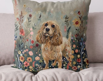 Cocker Spaniel Pillow Cover - Handmade Floral Dog Cushion