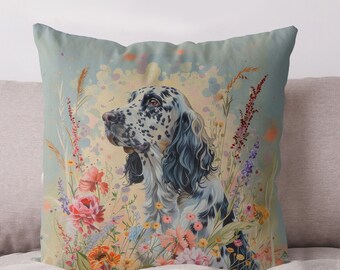 English Setter Dog Pillow Cover – Floral Meadow, Handmade Cushion
