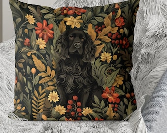 Black Cocker Spaniel Pillow Cover – Floral Art Deco Dog Cushion
