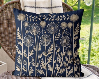 Navy Blue and cream Dandelion Scandic Floral Pillow Cover, Print both sides handmade cushion cover, nordic botanical decor Scandinavian
