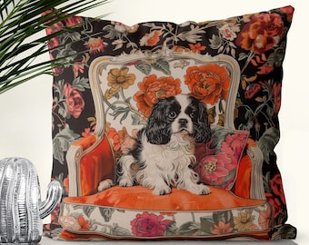 Black and White Cavalier King Charles Spaniel Dog Pillow Cover - Handmade Cotton Linen Mix Cushion Cover - Print both sides