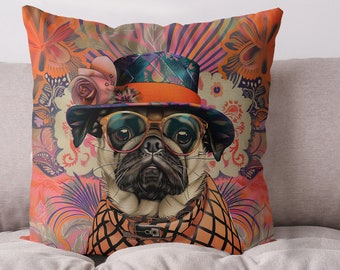 Fawn Pug Dog Pillow Cover - Print both sides - Cute Pug gift idea for owner, funny pug in hat