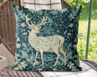 White Deer Pillow Cover, Blue and Green William Morris inspired Stag cushion cover, Print both sides, Art Nouveau woodland forest accent