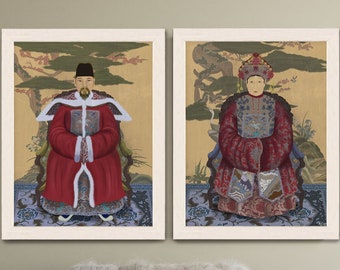 Chinesischer Kaiser und Kaiserin Kunstdrucke, 2er-Set, Vintage Chinoiserie Dekor