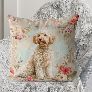 White Labradoodle Dog Pillow Cover - Handmade Cushion Cover, Print both sides - Cute Goldendoodle Vintage style romantic french floral decor