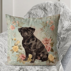 Black Pug Dog Pillow Cover - Print both sides - Cute Pug gift idea for owner, vintage style romantic french country home decor